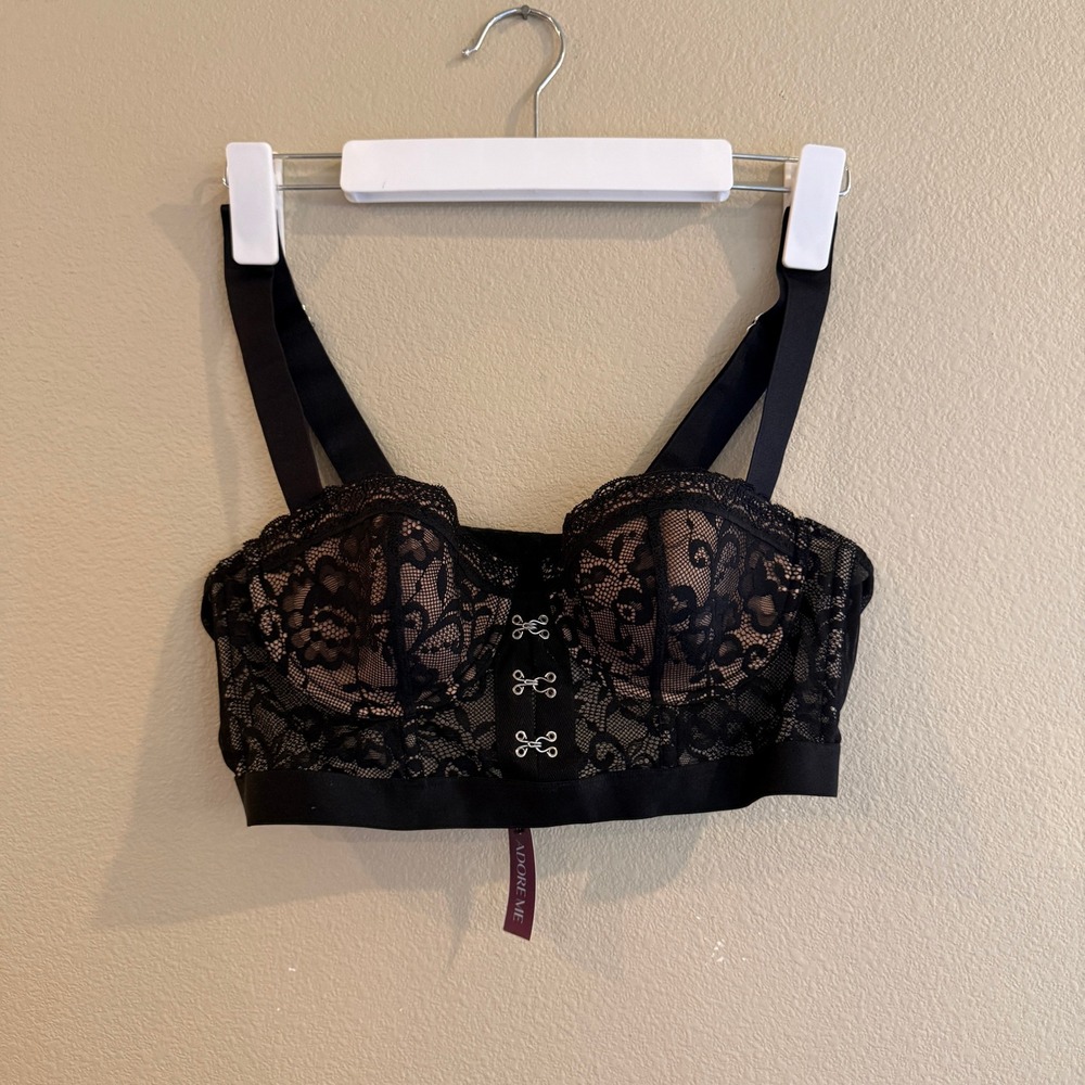 Adore Me Balconette Bra Women 36B Black Lace Longline Front Hook Gothic Romantic